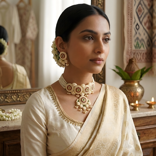 Handcrafted Pearl Choker Necklace Set with Floral Pendant