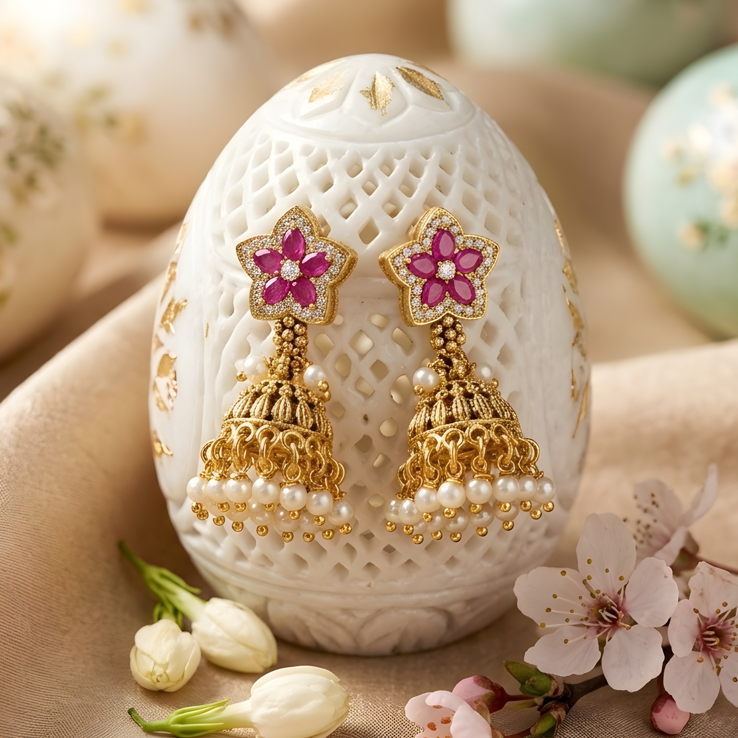 Floral Kundan Beaded Necklace Set with Jhumka