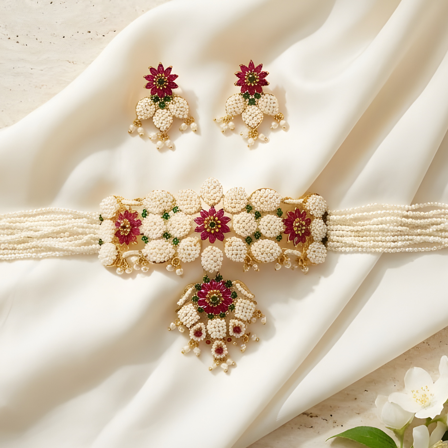 Floral Pearl Choker Necklace With Earrings