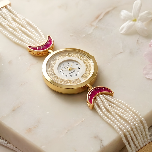 Pearl Beaded Bracelet Watch with Pink Crescent