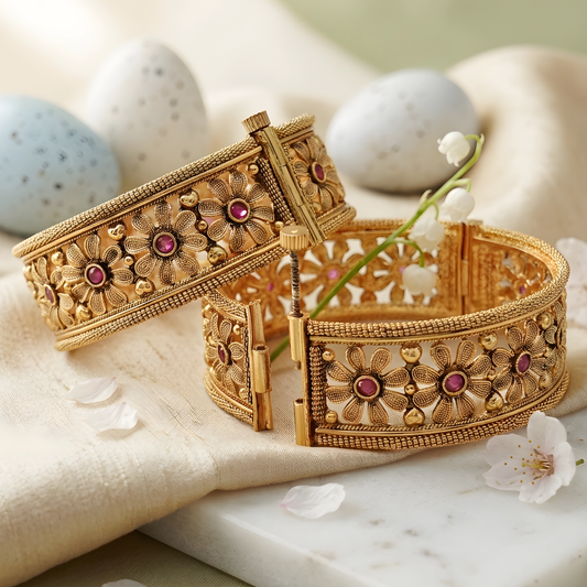 Gold Toned Floral Bangle Set with Red Stone