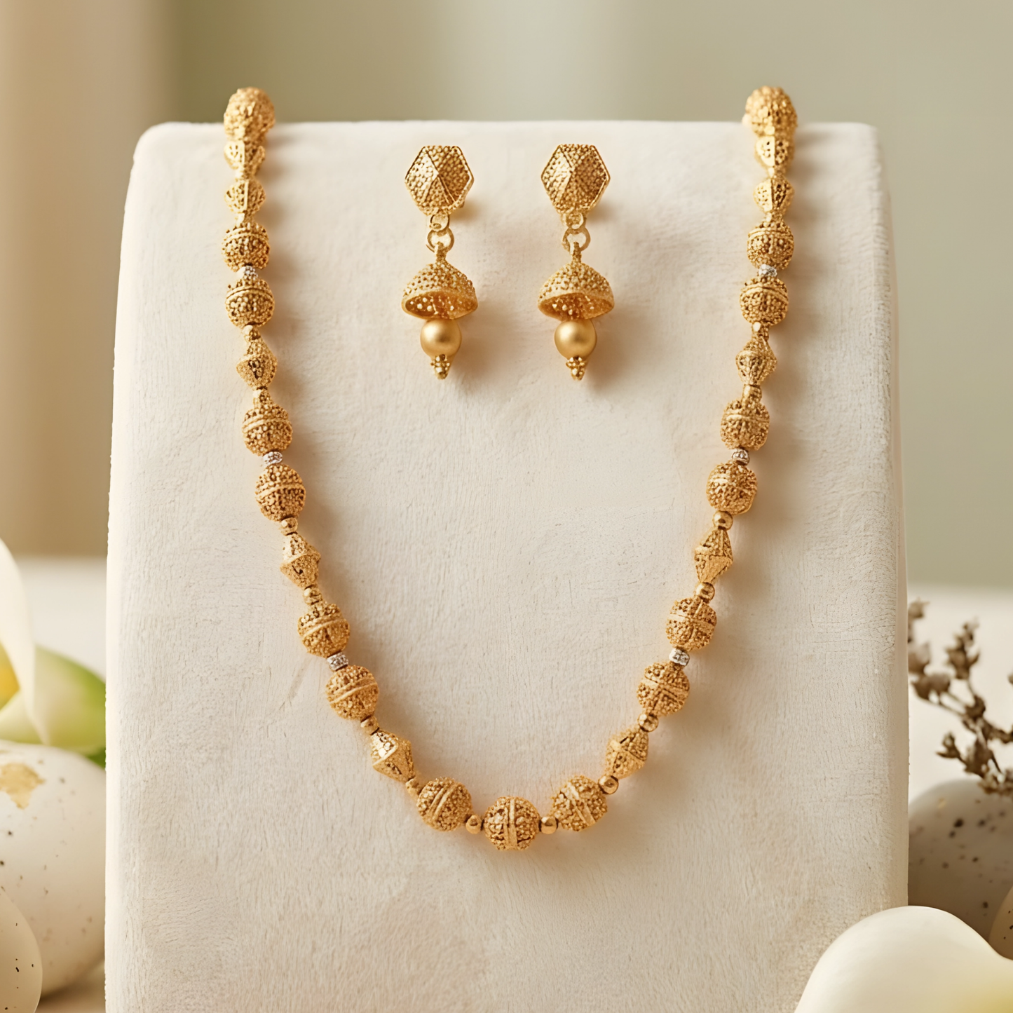 Gold-Plated Beaded Necklace Set with Jhumka Earrings