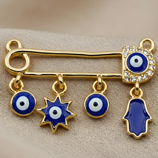 Blue Evil Eye Safety Pin Charm Necklace