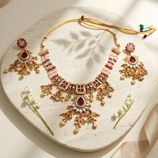 Floral Temple Necklace Set with Jhumka Earrings