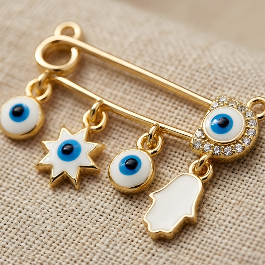 White Evil Eye Safety Pin Charm Necklace