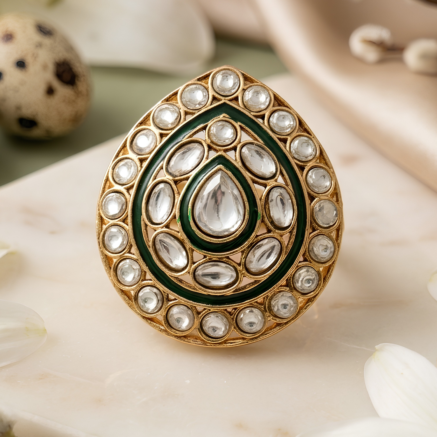 Green Kundan Polki Teardrop Adjustable Ring