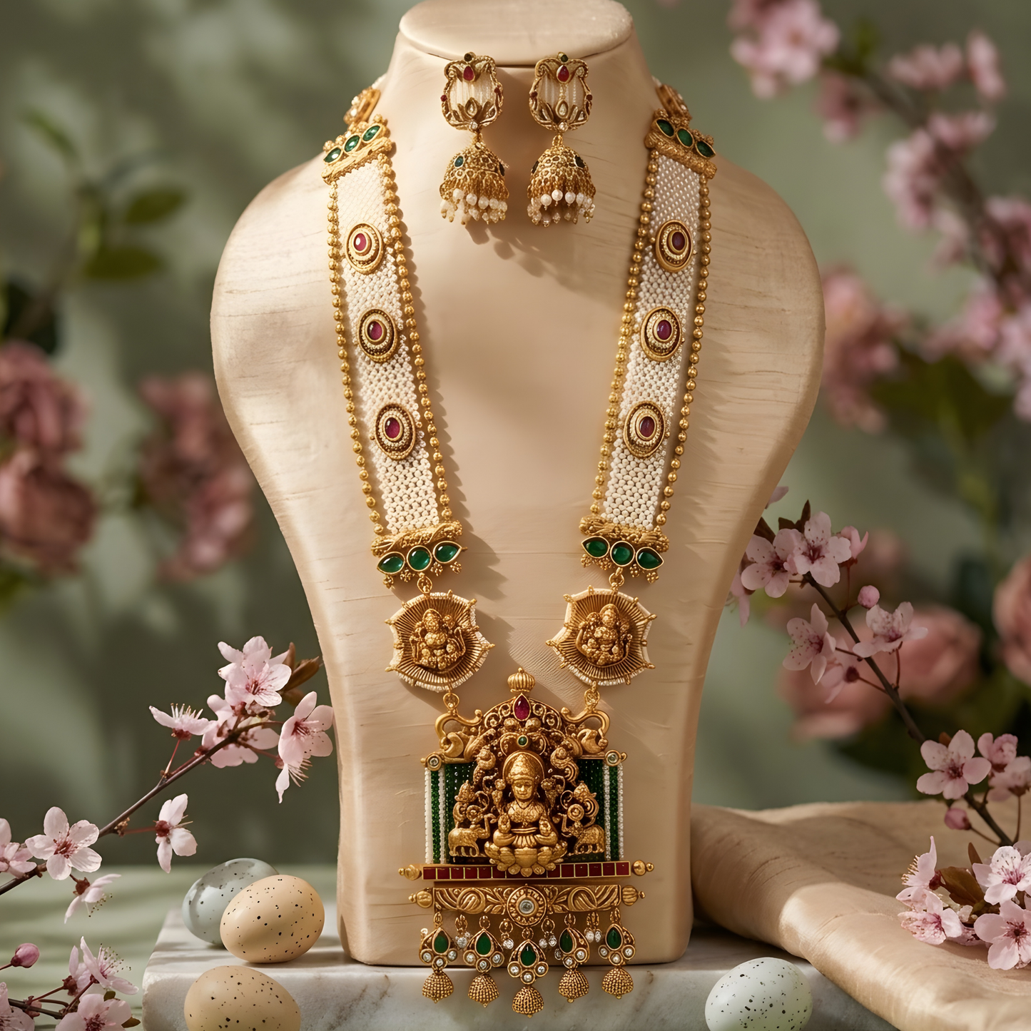 Lakshmi Temple Long Necklace with Jhumka Earrings