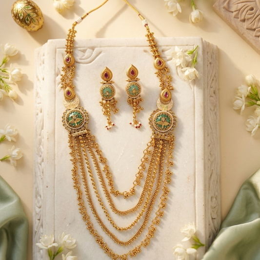 Handmade Layered Necklace Set With Meenakari Earrings