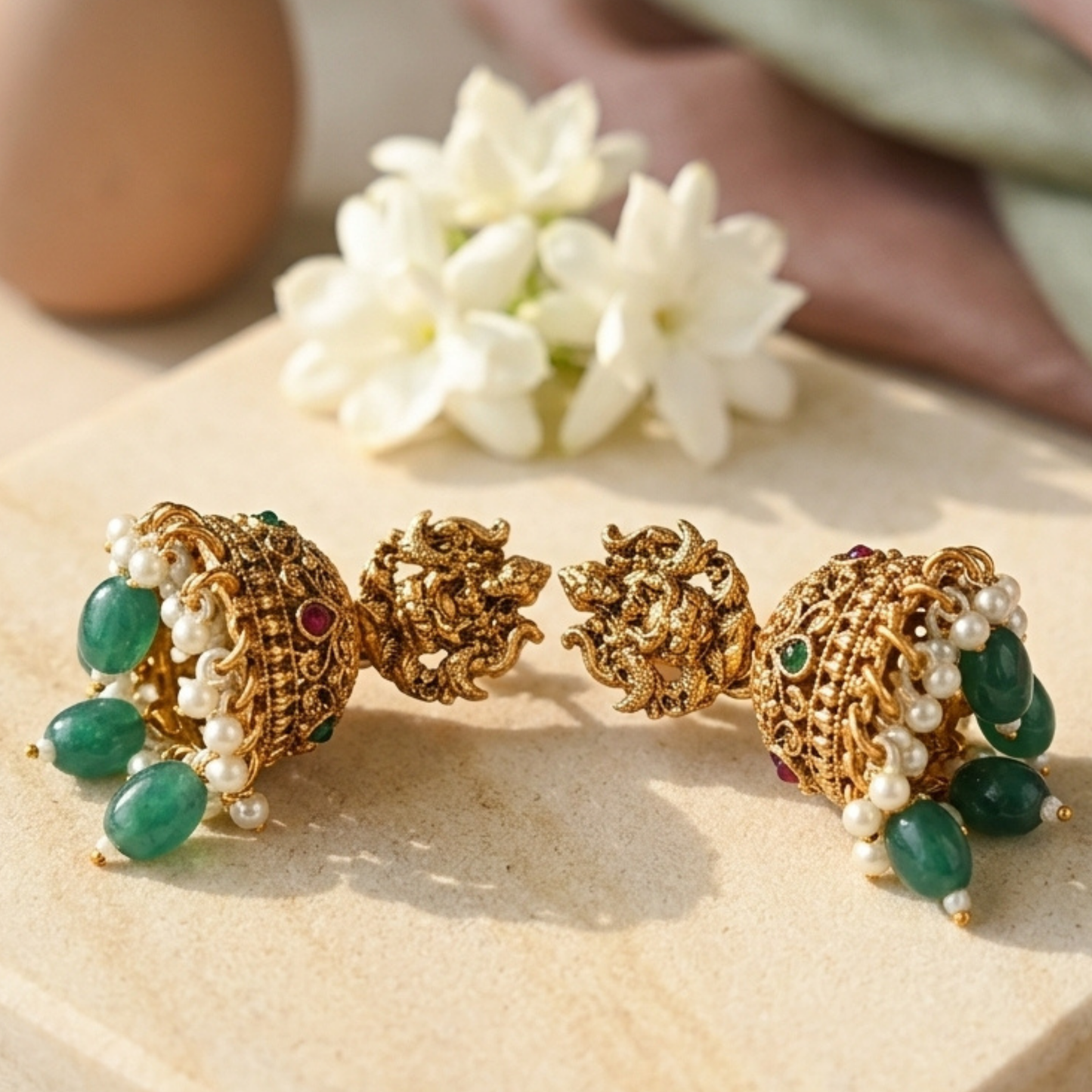 Temple Lakshmi Green Beaded Pendant Necklace Set