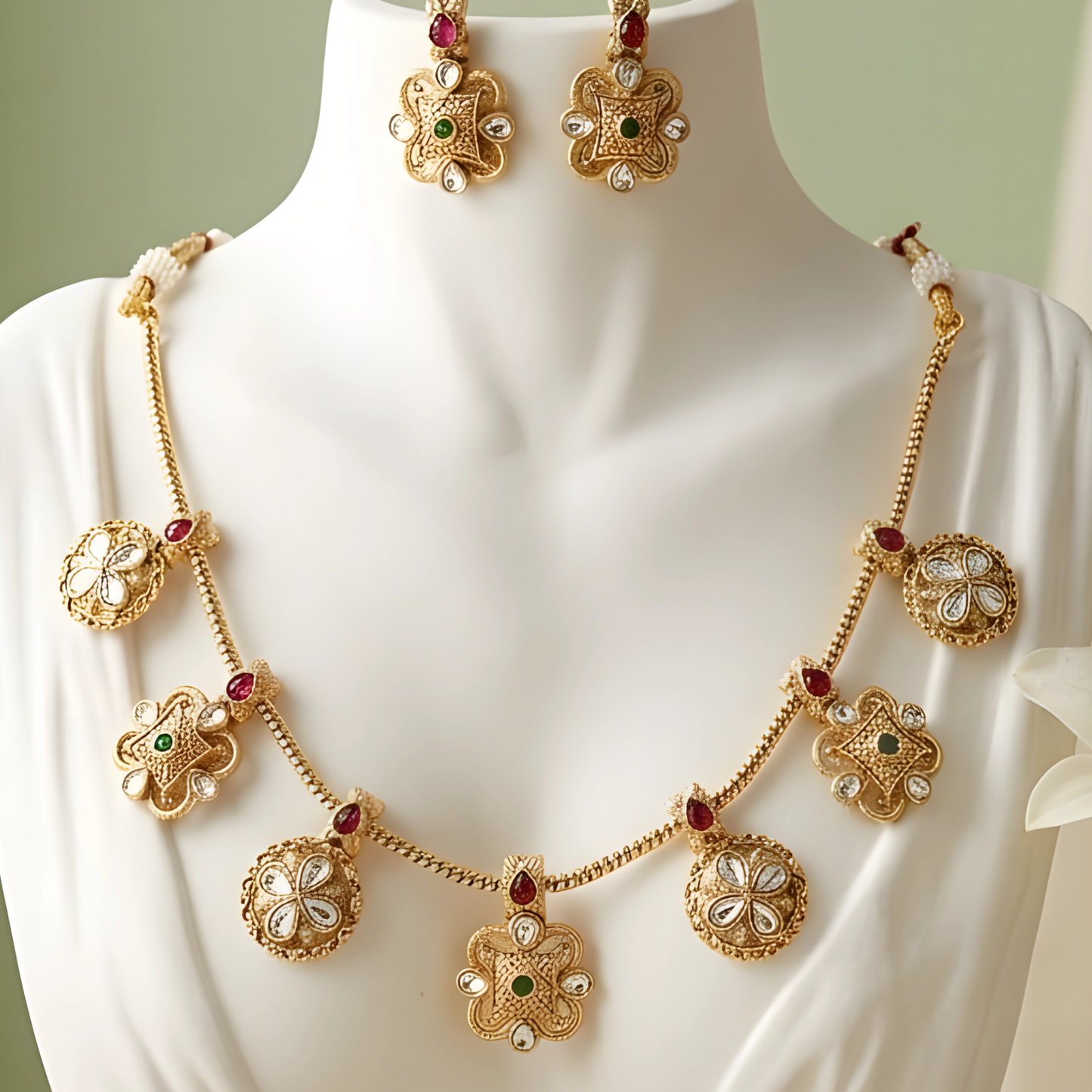 Gold-Plated Floral Necklace Set with Matching Earrings