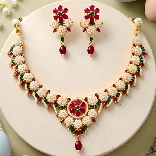 Traditional Rajwadi Pearl Choker Set with Earrings
