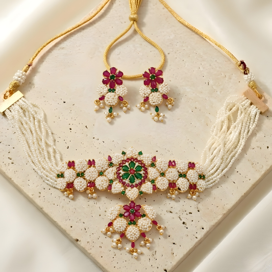 Rajwadi Pearl Choker Necklace Set With Earrings