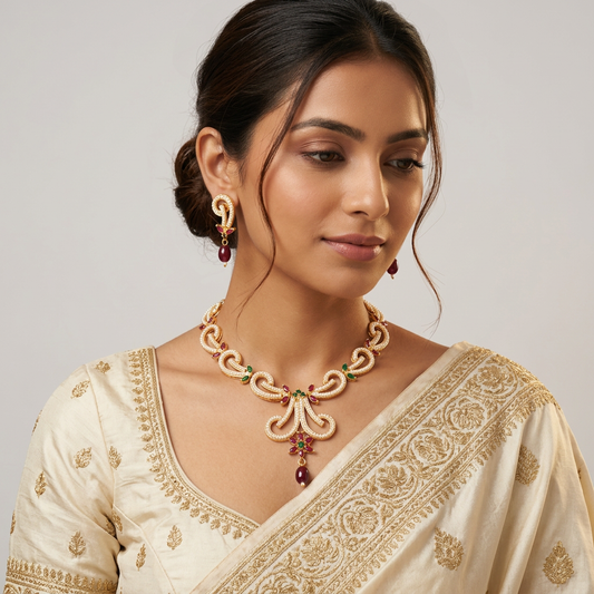 Statement Moti Necklace Set with Matching Drop Earrings