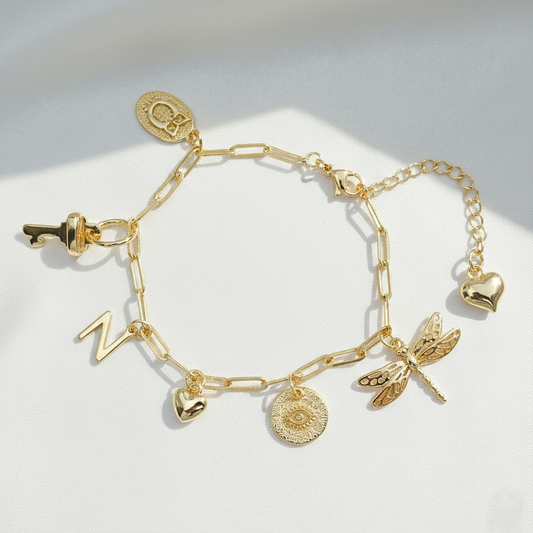 Personalized Gold Filled Charm Bracelet – Initial, Heart, Evil Eye & Key Charms