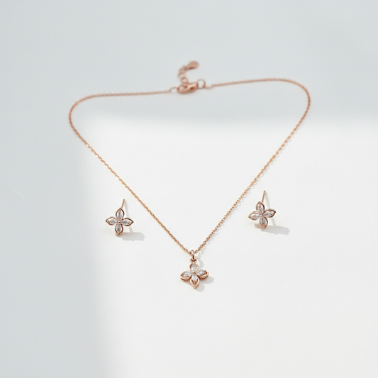 Rose Gold Plated Petal Bloom Necklace & Earrings Set