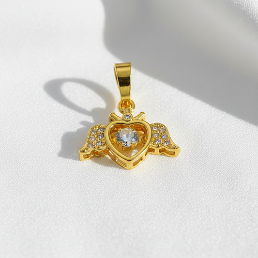 Gold Winged Heart Charm with Floating Crystal