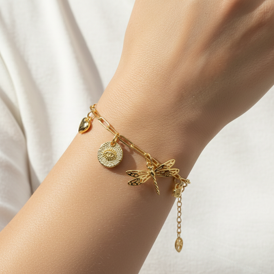 Customized Charm Bracelet with Initial, Evil Eye & Dragonfly