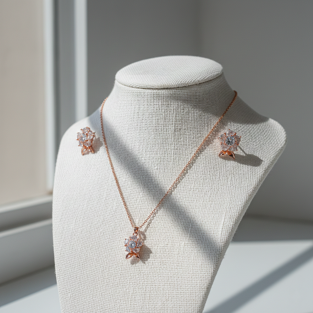 Rose Gold Finish Floral Necklace & Earrings Set