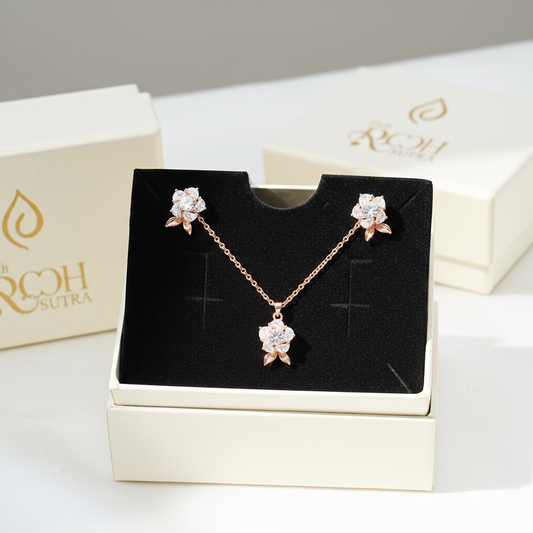 Rose Gold Finish Floral Necklace & Earrings Set