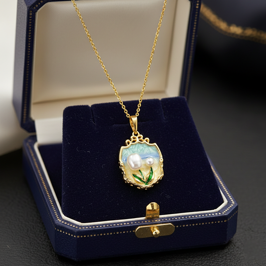Yellow Gold Pearl Seashell Necklace