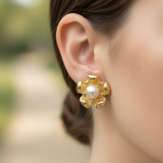 Gold Floral Pearl Stud Earrings