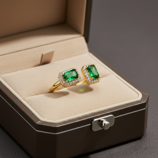 Emerald Green Halo Open Ring – Gold & Diamond Accents