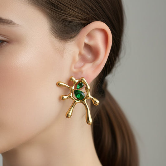 Abstract Gold & Green Stone Stud Earrings