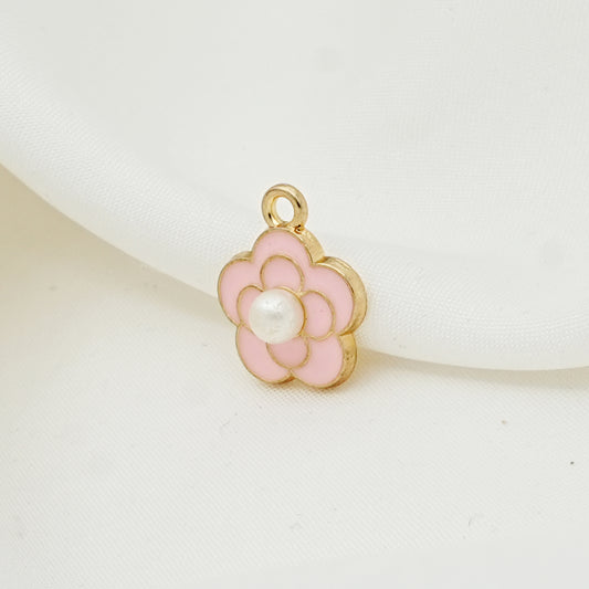 Pink Enamel Flower Pearl Charm