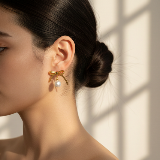 Gold Bow Pearl Drop Earrings
