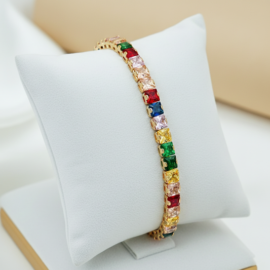 Rainbow Emerald-Cut Gemstone Tennis Bracelet