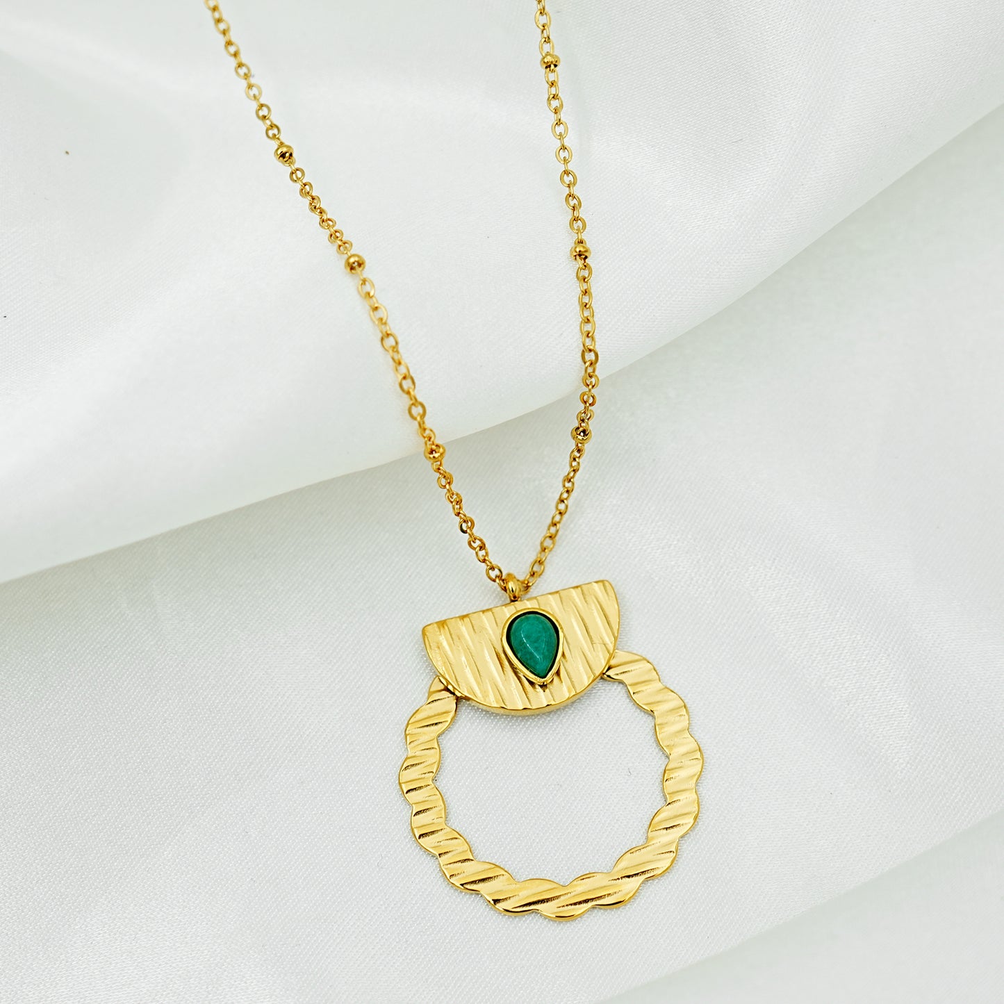 Emerald Teardrop Circle Pendant Necklace