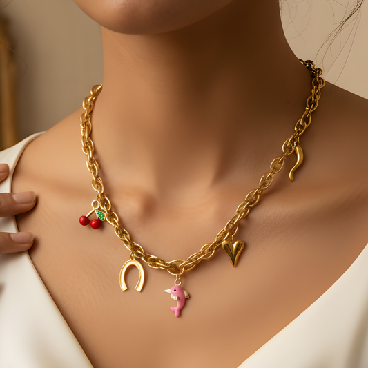 Gold Charm Necklace with Enamel Cherry & Dolphin