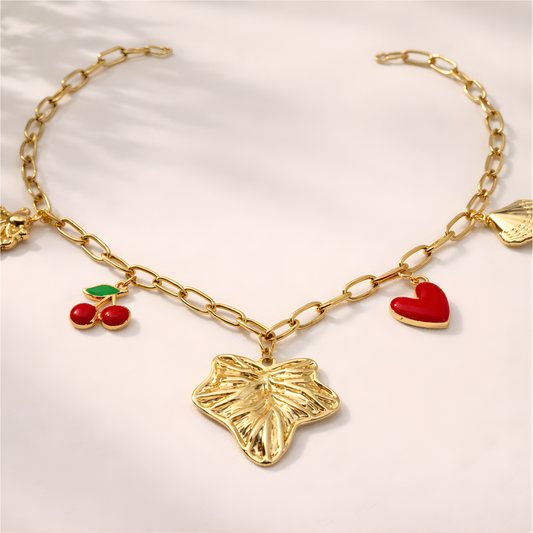 Gold Charm Necklace with Cherry, Heart & Leaf Pendants