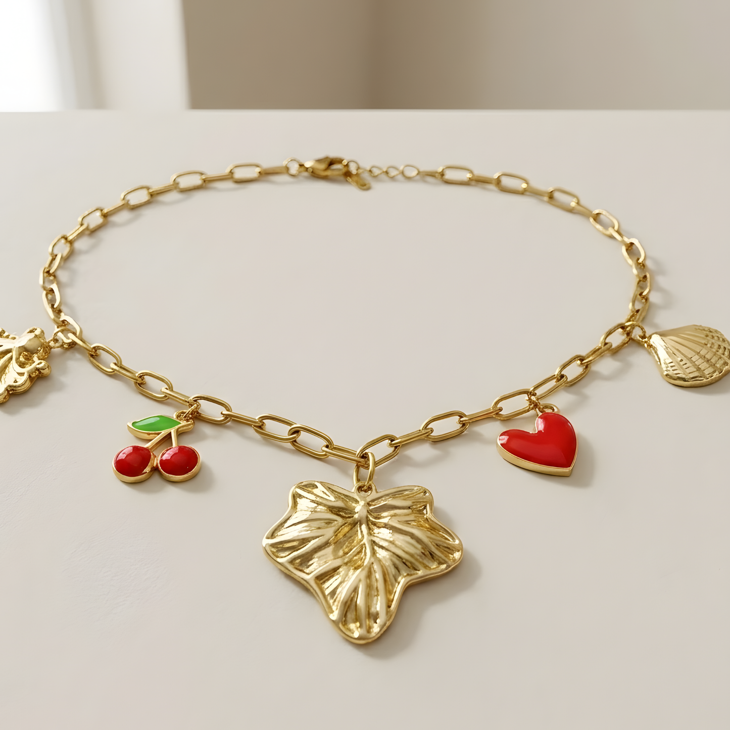 Gold Charm Necklace with Cherry, Heart & Leaf Pendants