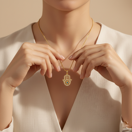 Gold Hamsa Hand Necklace with Evil Eye