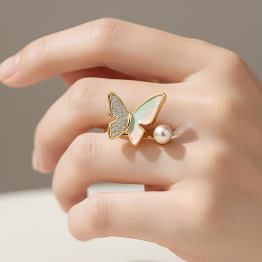 Enamel Butterfly Pearl Ring