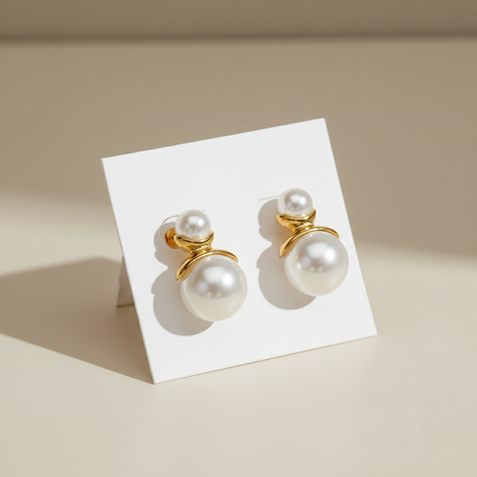 Double Pearl Stud Earrings with Gold Accent