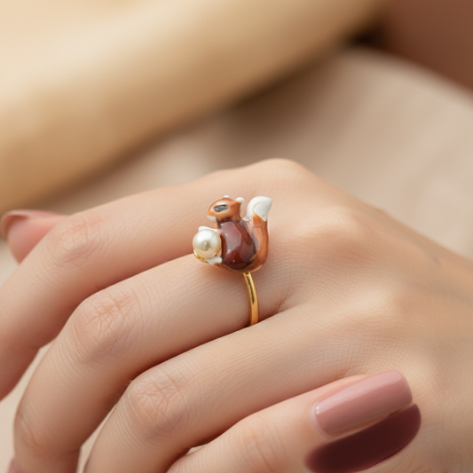 Cute Squirrel Pearl Open Ring