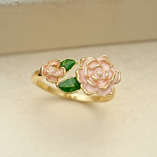Pink Rose Flower Enamel Ring