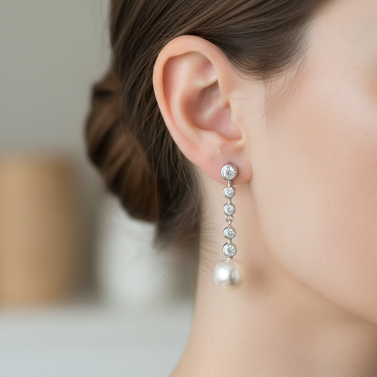 Gold Moissanite & Pearl Drop Earrings