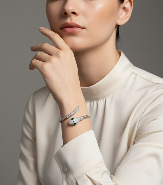 Silver Snake Cuff Bangle with Emerald Stone Eyes