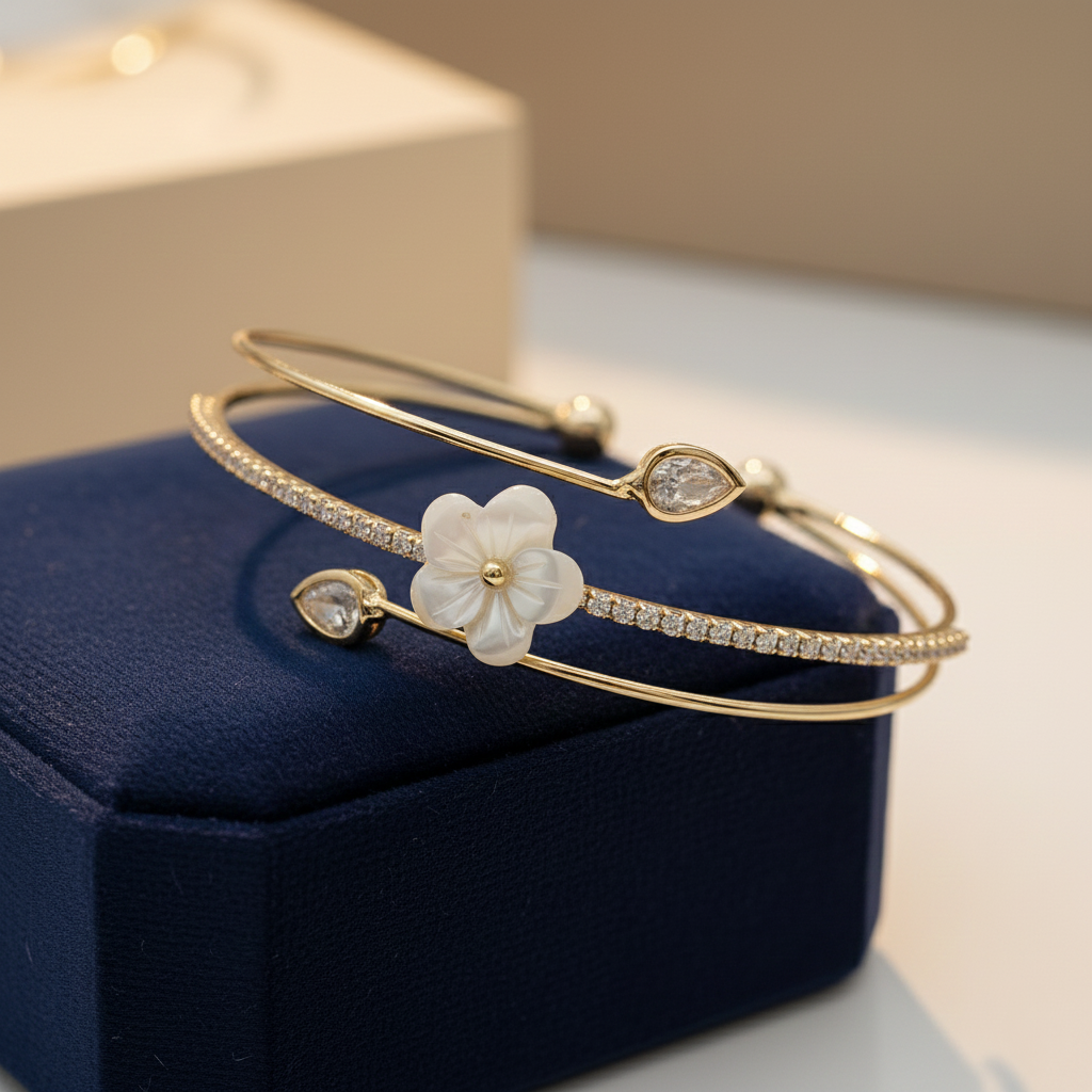 Flower Motif Cuff Bangle Bracelet With Moissanite Diamond