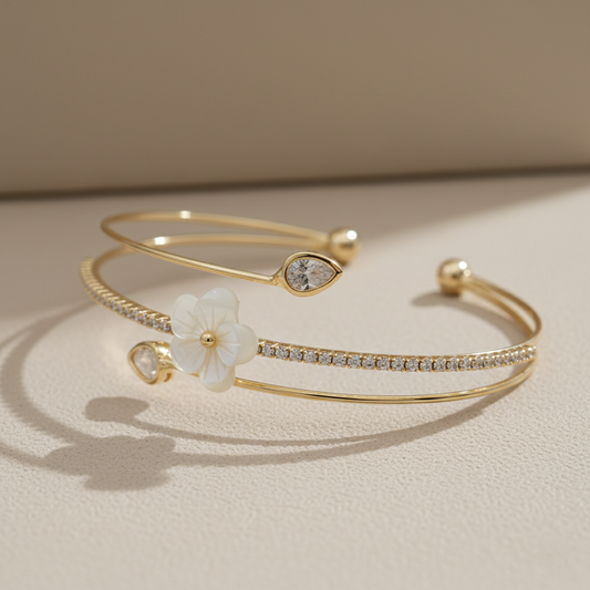Flower Motif Cuff Bangle Bracelet With Moissanite Diamond