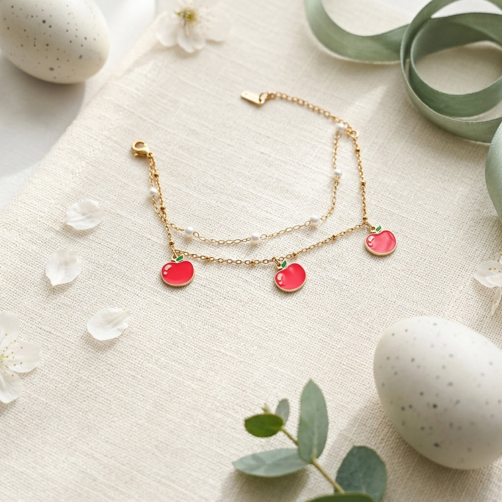 Sweet Apple Charm Layered Anklet Bracelet
