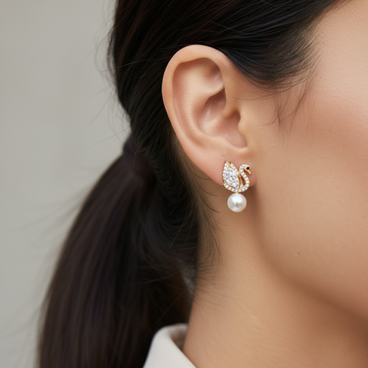 Diamond Swan Pearl Drop Earrings