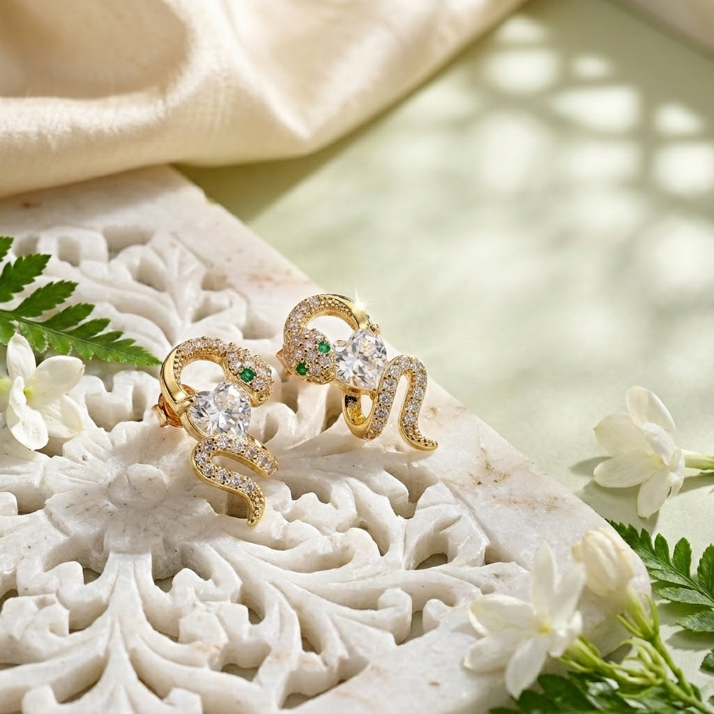 Serpentine Heart Crystal Stud Earrings