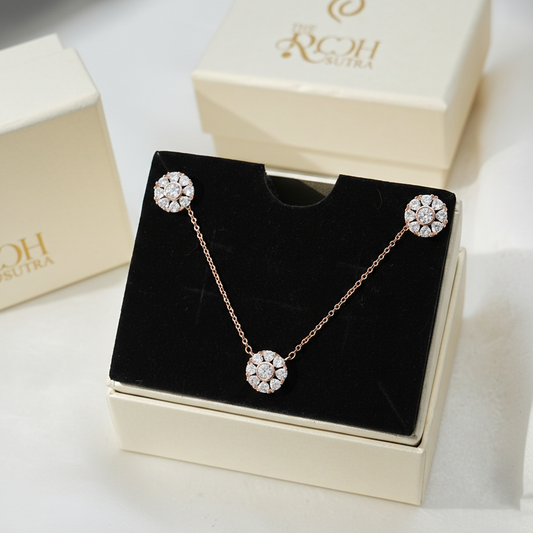 Rose Gold Halo Floral Necklace & Earrings Set