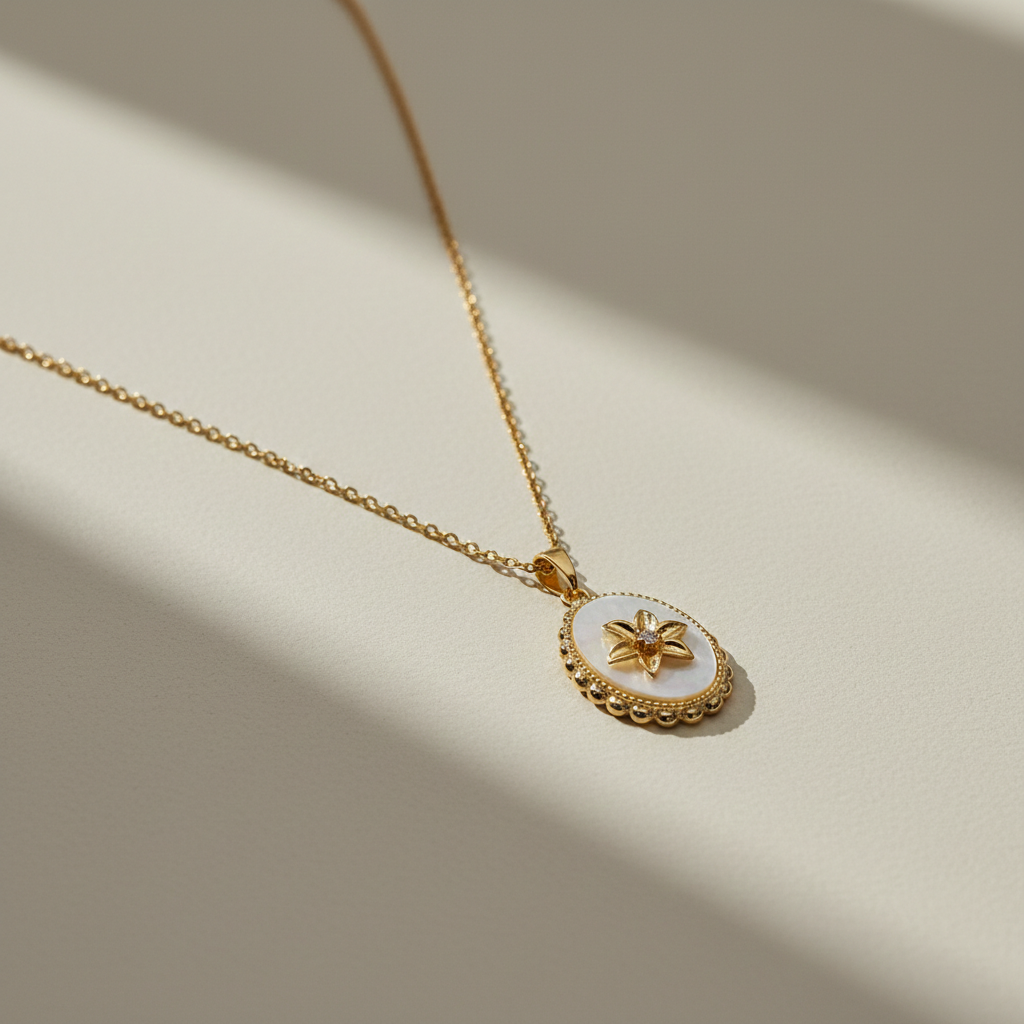 MOP Flower Oval Pendant Necklace