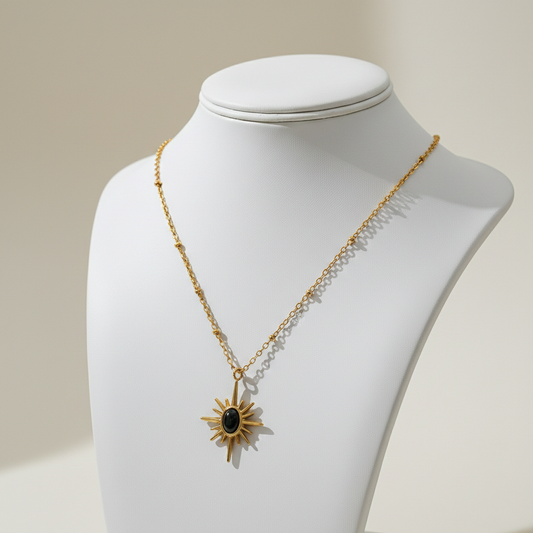 Gold Sunburst Black Stone Pendant Necklace