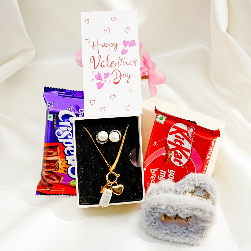 Love & Luxe Mini Gift Hamper – Necklace Set, Chocolates & Furry Scrunchie